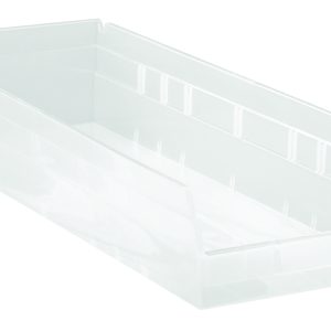 The Economy Shelf Bin, measuring 23-5/8W x 8-3/8D x 4H, is a clear polypropylene organizer with seven divider slots, molded-in label holder, rear hanglock, and versatile nesting capabilities. Its open design on a white background highlights its functionality. Made in the USA.