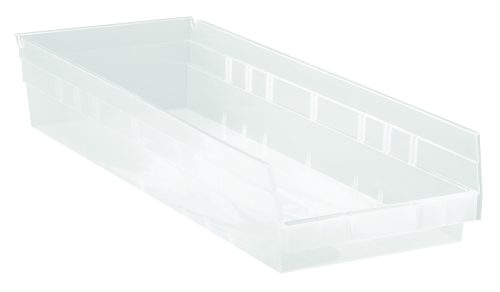 The Economy Shelf Bin, measuring 23-5/8W x 8-3/8D x 4H, is a clear polypropylene organizer with seven divider slots, molded-in label holder, rear hanglock, and versatile nesting capabilities. Its open design on a white background highlights its functionality. Made in the USA.