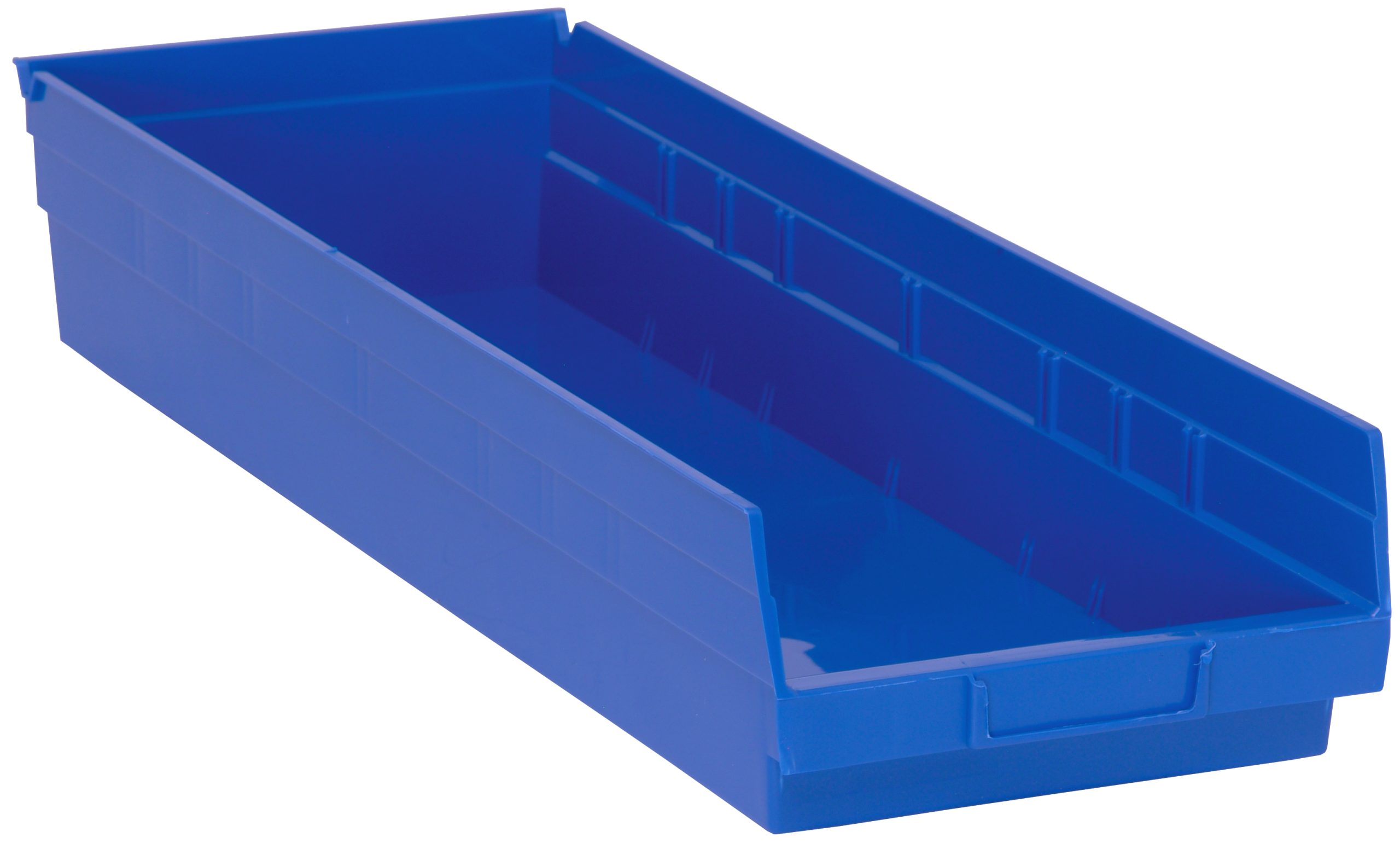 Economy Shelf Bin, 23-5/8"W X 8-3/8"D X 4"H, Includes (7) Divider Slots, Rear Hanglock, Molded-In Label Holder, Polypropylene, Blue, Made In USA