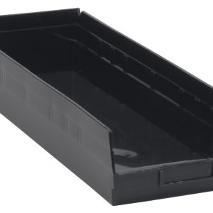 The Economy Shelf Bin is black, made from recycled polypropylene, and features a molded-in label holder. Measuring 23-5/8W x 8-3/8D x 4H with seven divider slots and a rear hanglock, its ideal for nesting when not in use. Photographed against a crisp white background. Made in the USA.