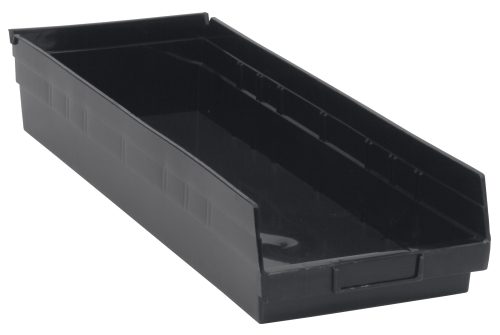 QSB114_BR.jpg The Economy Shelf Bin is black, made from recycled polypropylene, and features a molded-in label holder. Measuring 23-5/8W x 8-3/8D x 4H with seven divider slots and a rear hanglock, its ideal for nesting when not in use. Photographed against a crisp white background. Made in the USA.