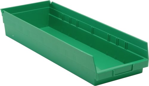 The green polypropylene Economy Shelf Bin (23-5/8W x 8-3/8D x 4H) includes (7) divider slots, raised edges, a flat bottom, a rear hanglock, a molded-in label holder, and is made in the USA. It’s sturdy and ideal for storage or organizing items on shelves.