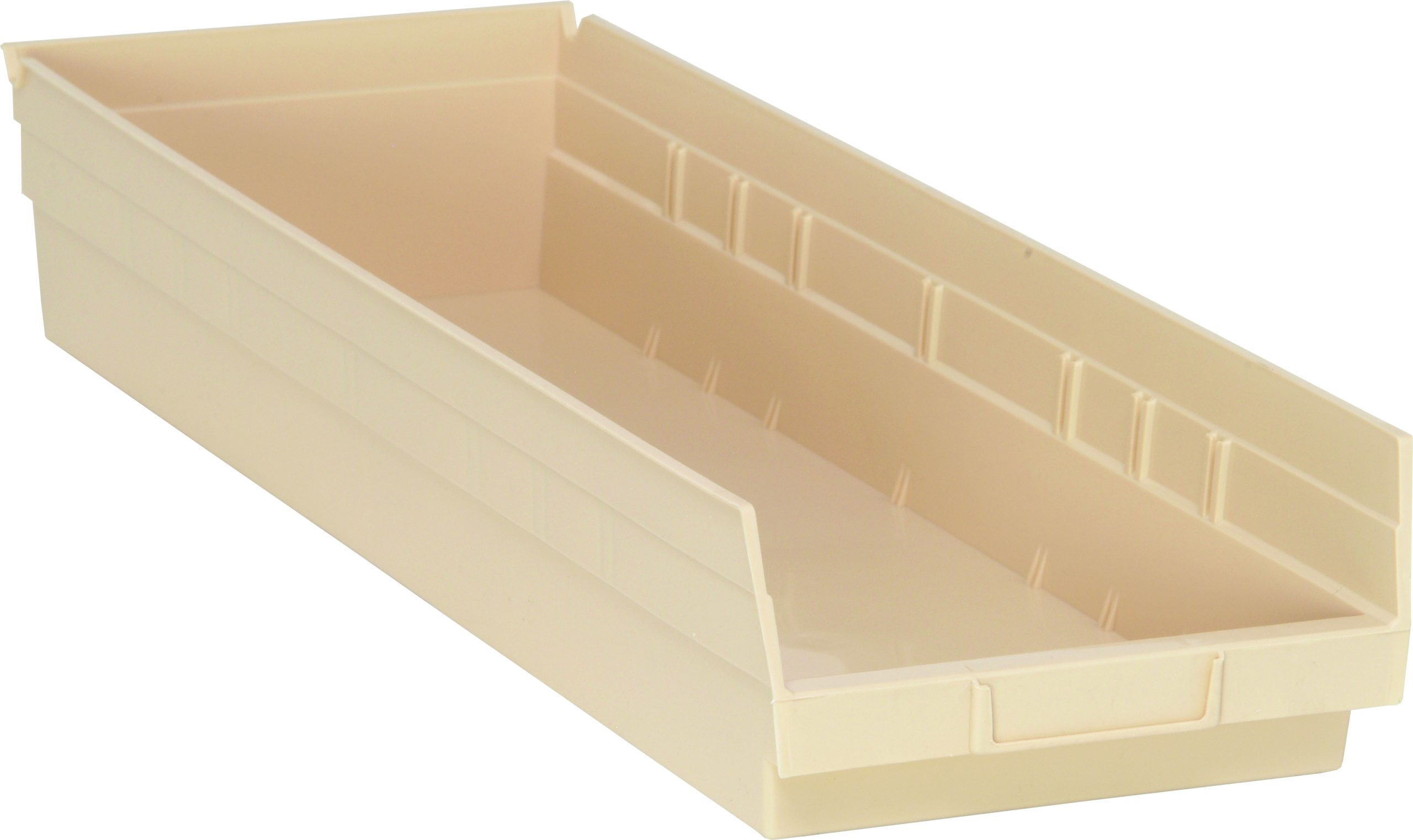 Economy Shelf Bin, 23-5/8"W X 8-3/8"D X 4"H, Includes (7) Divider Slots, Rear Hanglock, Molded-In Label Holder, Polypropylene, Ivory, Made In USA