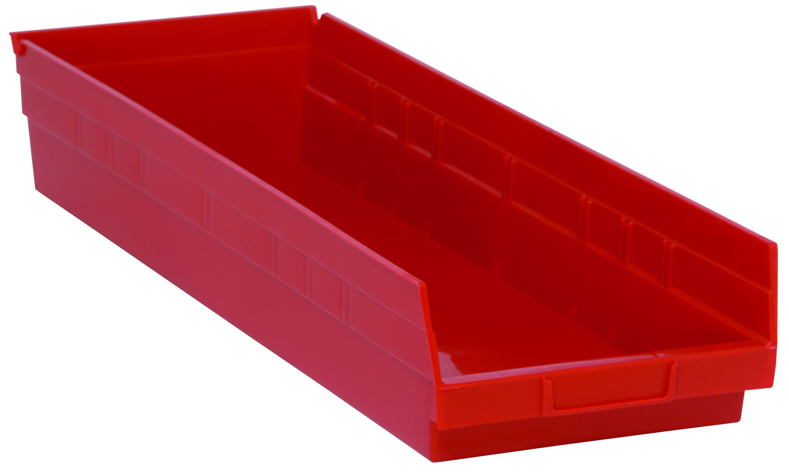 Economy Shelf Bin, 23-5/8"W X 8-3/8"D X 4"H, Includes (7) Divider Slots, Rear Hanglock, Molded-In Label Holder, Polypropylene, Red, Made In USA