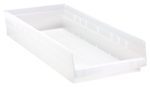 The Quantum Economy Shelf Bin is a clear polypropylene, rectangular storage box with (7) divider slots and an open top, featuring raised edges. It measures 23-5/8W x 11-1/8D x 4H, includes a rear hanglock and molded-in label holder, and is ideal for efficient nesting on white backgrounds. Made in USA.