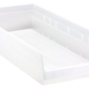 The Quantum Economy Shelf Bin is a clear polypropylene, rectangular storage box with (7) divider slots and an open top, featuring raised edges. It measures 23-5/8W x 11-1/8D x 4H, includes a rear hanglock and molded-in label holder, and is ideal for efficient nesting on white backgrounds. Made in USA.