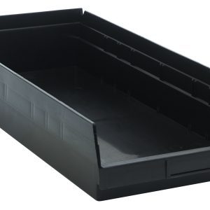 The Quantum Economy Shelf Bin is a black polypropylene storage solution featuring a rectangular, slightly tapered design with ribbed sides for extra structure. It includes (7) divider slots, a rear hanglock, and molded-in label holder. Its perfect for customizable and secure item storage.
