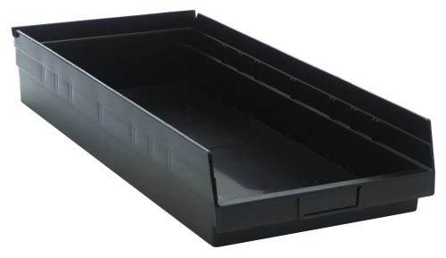 QSB116 BK The Quantum Economy Shelf Bin is a black polypropylene storage solution featuring a rectangular, slightly tapered design with ribbed sides for extra structure. It includes (7) divider slots, a rear hanglock, and molded-in label holder. Its perfect for customizable and secure item storage.