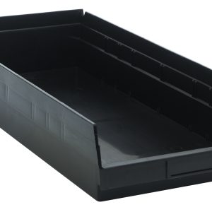The Economy Shelf Bin is a black polypropylene storage bin measuring 23-5/8W x 11-1/8D x 4H, featuring raised edges, a semi-open front, molded-in label holder, and (7) divider slots for organizing small items in its smooth interior. Made in the USA with rear hanglock.
