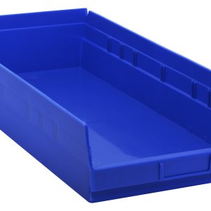 A blue polypropylene Economy Shelf Bin, 23-5/8W x 11-1/8D x 4H, with a molded-in label holder and rear hanglock, includes seven divider slots. The empty bin rests on a white background. Made in the USA.