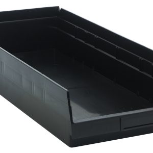 The Economy Shelf Bin, measuring 23-5/8W x 11-1/8D x 4H, features a black recycled polypropylene structure with (7) divider slots and rear hanglock. Its nesting design ensures efficient stacking. It is made in the USA with a molded-in label holder for effortless organization.