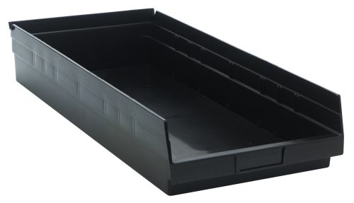 QSB116 BK The Economy Shelf Bin, measuring 23-5/8W x 11-1/8D x 4H, features a black recycled polypropylene structure with (7) divider slots and rear hanglock. Its nesting design ensures efficient stacking. It is made in the USA with a molded-in label holder for effortless organization.