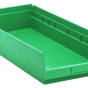 The Quantum Economy Shelf Bin, constructed from green polypropylene, features a rectangular design with a rear hanglock and molded-in label holder. It measures 23-5/8W x 11-1/8D x 4H, includes seven divider slots, and is made in the USA. Perfect for organizing or storing items.