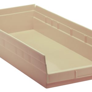 The Quantum Economy Shelf Bin in ivory, made from polypropylene in the USA, measures 23-5/8W x 11-1/8D x 4H. It features raised sides, a recessed handle, a rear hanglock, a molded-in label holder, and (7) divider slots for versatile organization.
