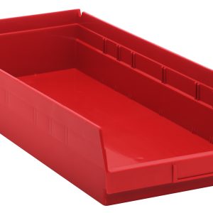 The Quantum Economy Shelf Bin is a red, rectangular polypropylene storage bin featuring a flat base, slightly raised sides, a lowered front for easy access, and a molded-in label holder for efficient organization. It includes 7 divider slots and a rear hanglock, making it ideal for organized storage.