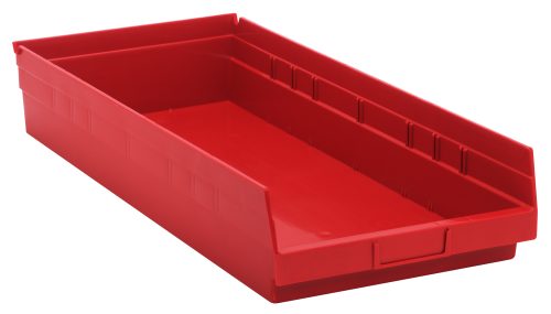 The Quantum Economy Shelf Bin is a red, rectangular polypropylene storage bin featuring a flat base, slightly raised sides, a lowered front for easy access, and a molded-in label holder for efficient organization. It includes 7 divider slots and a rear hanglock, making it ideal for organized storage.