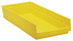 The yellow Quantum Economy Shelf Bin is 23-5/8W x 11-1/8D x 4H with a slanted open front for easy access. It features a molded-in label holder, ridged sides for stacking, seven divider slots, and a rear hanglock. Made of polypropylene in the USA.