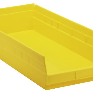 The yellow Quantum Economy Shelf Bin is 23-5/8W x 11-1/8D x 4H with a slanted open front for easy access. It features a molded-in label holder, ridged sides for stacking, seven divider slots, and a rear hanglock. Made of polypropylene in the USA.