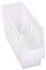 The Quantum Economy Shelf Bin, made in the USA from clear polypropylene, features a stackable design with 7 divider slots and reinforced edges. It measures 11-5/8W x 4-1/8D x 6H, includes a rear hanglock and molded-in label holder, and is optimized for nesting when not in use.
