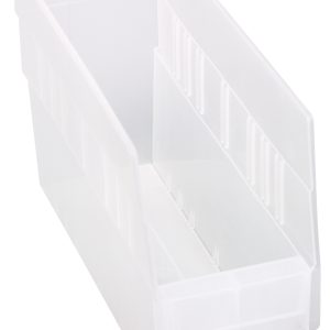 The Quantum Economy Shelf Bin, made in the USA from clear polypropylene, features a stackable design with 7 divider slots and reinforced edges. It measures 11-5/8W x 4-1/8D x 6H, includes a rear hanglock and molded-in label holder, and is optimized for nesting when not in use.