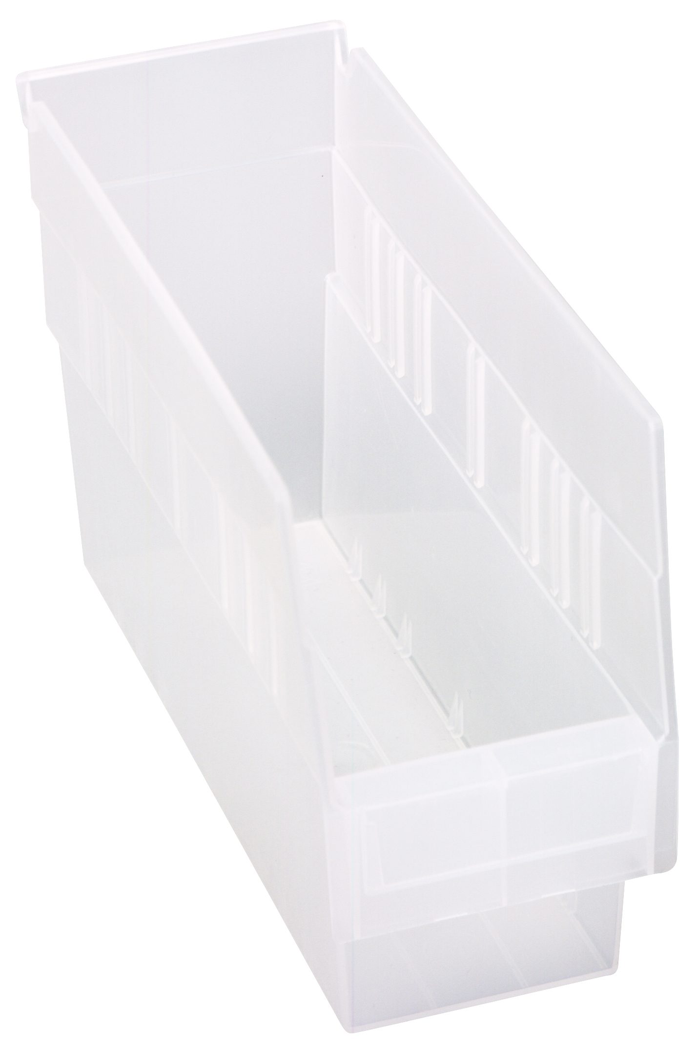 Economy Shelf Bin, Nesting, 11-5/8"W X 4-1/8"D X 6"H, (7) Divider Slots, Rear Hanglock, Molded-In Label Holder, Clear Polyropylene, Made In USA