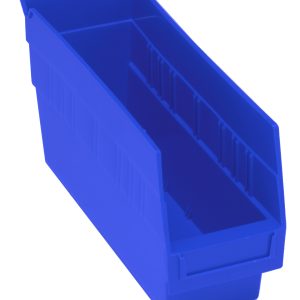 The Quantum Economy Shelf Bin is a practical storage solution, measuring 11-5/8W x 4-1/8D x 6H. Made of blue polypropylene, it features an open top, sloped front for easy access, molded-in label holder, (7) divider slots, a rear hanglock for stability, and nestable design for organization. Made in the USA.