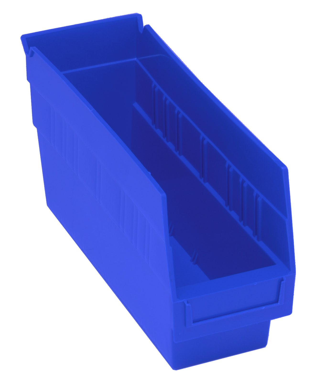 Economy Shelf Bin, Nesting, 11-5/8"W X 4-1/8"D X 6"H, (7) Divider Slots, Rear Hanglock, Molded-In Label Holder, Blue Polyropylene, Made In USA