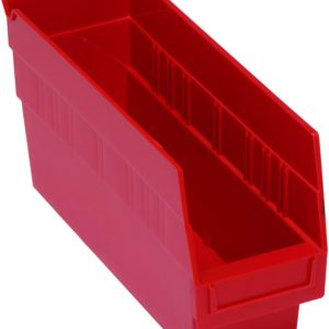 The 11-5/8W x 4-1/8D x 6H red Quantum Economy Shelf Bin, made in the USA from polypropylene, features a sloped front, ridged sides, rear hanglock, molded-in label holder, and seven divider slots. Its ideal for organizing or storing small items and tools.