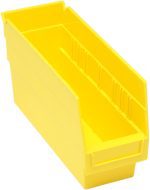 The Quantum Economy Shelf Bin is a bright yellow rectangular polypropylene storage bin, 11-5/8W x 4-1/8D x 6H. It has an open top, a front cut-out for easy access, a molded-in label holder, (7) divider slots for organization, and a rear hanglock. Made in the USA.