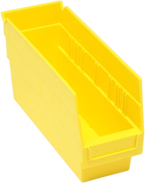 The Quantum Economy Shelf Bin is a bright yellow rectangular polypropylene storage bin, 11-5/8W x 4-1/8D x 6H. It has an open top, a front cut-out for easy access, a molded-in label holder, (7) divider slots for organization, and a rear hanglock. Made in the USA.