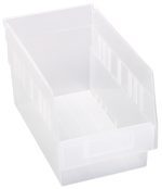 The Quantum Economy Shelf Bin is a clear polypropylene storage solution measuring 11-5/8W x 6-5/8D x 6H. It features a molded-in label holder, seven divider slots, and a rear hanglock, perfect for organizing small items efficiently. Made in the USA.