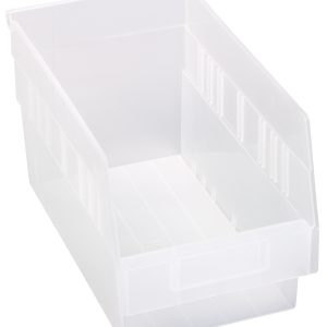 The Quantum Economy Shelf Bin is a clear polypropylene storage solution measuring 11-5/8W x 6-5/8D x 6H. It features a molded-in label holder, seven divider slots, and a rear hanglock, perfect for organizing small items efficiently. Made in the USA.