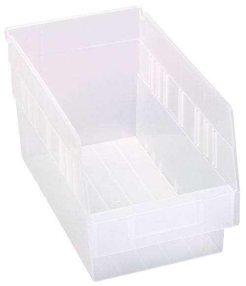 QSB202 cl The Quantum Economy Shelf Bin is a clear polypropylene storage solution measuring 11-5/8W x 6-5/8D x 6H. It features a molded-in label holder, seven divider slots, and a rear hanglock, perfect for organizing small items efficiently. Made in the USA.