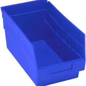 The Quantum Economy Shelf Bin is a blue polypropylene storage solution, measuring 11-5/8 x 6-5/8 x 6, featuring an open front, molded-in label holder, ribbed design for strength, handle on one side, seven divider slots, and a rear hanglock for secure placement. Made in the USA.