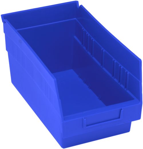 QSB202_BL.jpg The Quantum Economy Shelf Bin is a blue polypropylene storage solution, measuring 11-5/8 x 6-5/8 x 6, featuring an open front, molded-in label holder, ribbed design for strength, handle on one side, seven divider slots, and a rear hanglock for secure placement. Made in the USA.