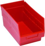 The Quantum Economy Shelf Bin, made of red polypropylene in the USA, measures 11-5/8W x 6-5/8D x 6H and includes a sloped front, handle cutout, rear hanglock for stability, ridged sides, flat base, (7) divider slots for organizing small parts, and an open top for easy access.