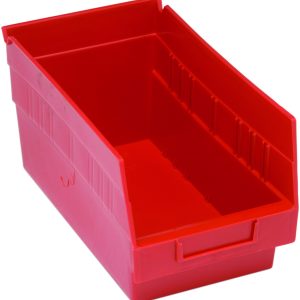 The Quantum Economy Shelf Bin, made of red polypropylene in the USA, measures 11-5/8W x 6-5/8D x 6H and includes a sloped front, handle cutout, rear hanglock for stability, ridged sides, flat base, (7) divider slots for organizing small parts, and an open top for easy access.