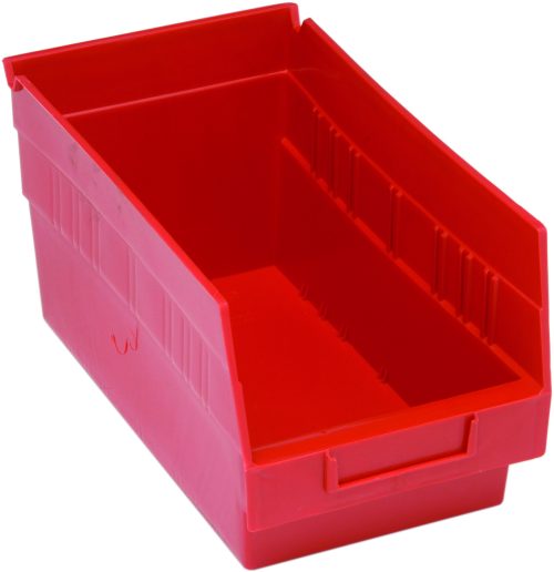 The Quantum Economy Shelf Bin, made of red polypropylene in the USA, measures 11-5/8W x 6-5/8D x 6H and includes a sloped front, handle cutout, rear hanglock for stability, ridged sides, flat base, (7) divider slots for organizing small parts, and an open top for easy access.