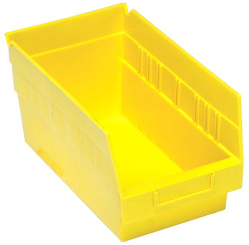 The yellow Quantum Economy Shelf Bin, measuring 11-5/8W x 6-5/8D x 6H, includes a molded-in label holder, vertical side ridges, and features seven divider slots and a rear hanglock for easy organization. Made in the USA from durable polypropylene.