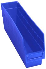 The Quantum Economy Shelf Bin is a long, narrow blue polypropylene storage bin with dimensions of 17-7/8W x 4-1/8D x 6H. It features seven divider slots, a front opening, a slightly angled top edge for organizing small items, and offers nesting convenience when not in use. Made in the USA.