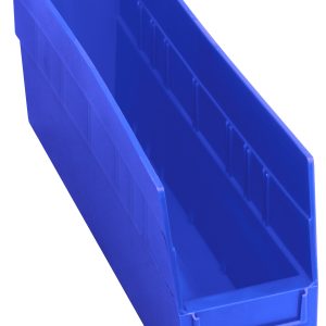 The Quantum Economy Shelf Bin is a long, narrow blue polypropylene storage bin with dimensions of 17-7/8W x 4-1/8D x 6H. It features seven divider slots, a front opening, a slightly angled top edge for organizing small items, and offers nesting convenience when not in use. Made in the USA.