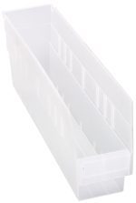 The clear Quantum Economy Shelf Bin, 17-7/8W x 4-1/8D x 6H, is designed for small item organization with a slanted front, vertical side grooves, (7) divider slots, a rectangular shape, and nesting capability. It features a rear hanglock and molded-in label holder. Made in the USA.