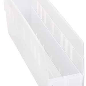 The clear Quantum Economy Shelf Bin, 17-7/8W x 4-1/8D x 6H, is designed for small item organization with a slanted front, vertical side grooves, (7) divider slots, a rectangular shape, and nesting capability. It features a rear hanglock and molded-in label holder. Made in the USA.
