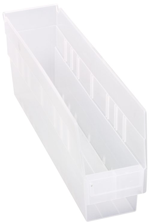 The clear Quantum Economy Shelf Bin, 17-7/8W x 4-1/8D x 6H, is designed for small item organization with a slanted front, vertical side grooves, (7) divider slots, a rectangular shape, and nesting capability. It features a rear hanglock and molded-in label holder. Made in the USA.