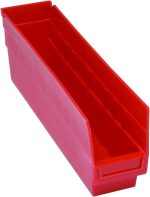 The Quantum Economy Shelf Bin is a red polypropylene storage solution made in the USA, measuring 17-7/8W x 4-1/8D x 6H. It features seven divider slots, a rear hanglock, molded-in label holder, and slanted front with solid base for efficient organizing of tools or small items.