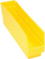 The Quantum Economy Shelf Bin is a yellow polypropylene, rectangular bin (17-7/8W x 4-1/8D x 6H) featuring an open top, slanted front, molded-in label holder, rear hanglock, and (7) divider slots for organized storage. Made in USA.
