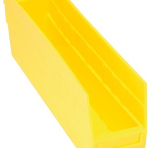 The Quantum Economy Shelf Bin is a yellow polypropylene, rectangular bin (17-7/8W x 4-1/8D x 6H) featuring an open top, slanted front, molded-in label holder, rear hanglock, and (7) divider slots for organized storage. Made in USA.