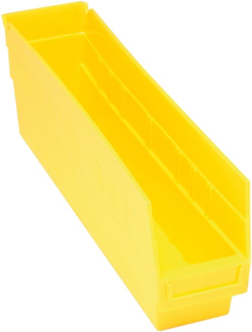 QSB203_YL.jpg The Quantum Economy Shelf Bin is a yellow polypropylene, rectangular bin (17-7/8W x 4-1/8D x 6H) featuring an open top, slanted front, molded-in label holder, rear hanglock, and (7) divider slots for organized storage. Made in USA.
