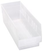 The Quantum Economy Shelf Bin, made of clear polypropylene, offers a nesting design with high sides and a slightly sloped opening. It features a molded-in label holder, seven divider slots, rear hanglock, and smooth transparent surface for easy content identification and full visibility. Made in the USA.