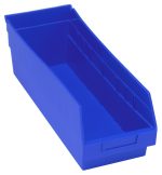 The Quantum Economy Shelf Bin is a blue polypropylene storage solution made in the USA, featuring a sloped front, open top, seven divider slots, a molded-in label holder, nesting capability, and a rear hanglock for secure shelf placement. Its rectangular shape includes a small handle for easy stacking.